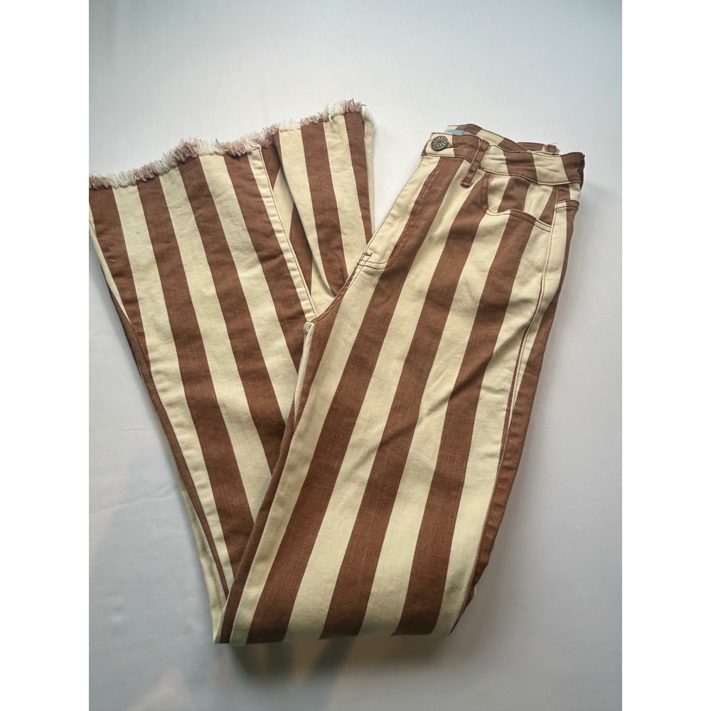 Show Me Your Mumu Berkeley Bell Bottom 27 Brown Striped Frayed Hem Flare Jeans